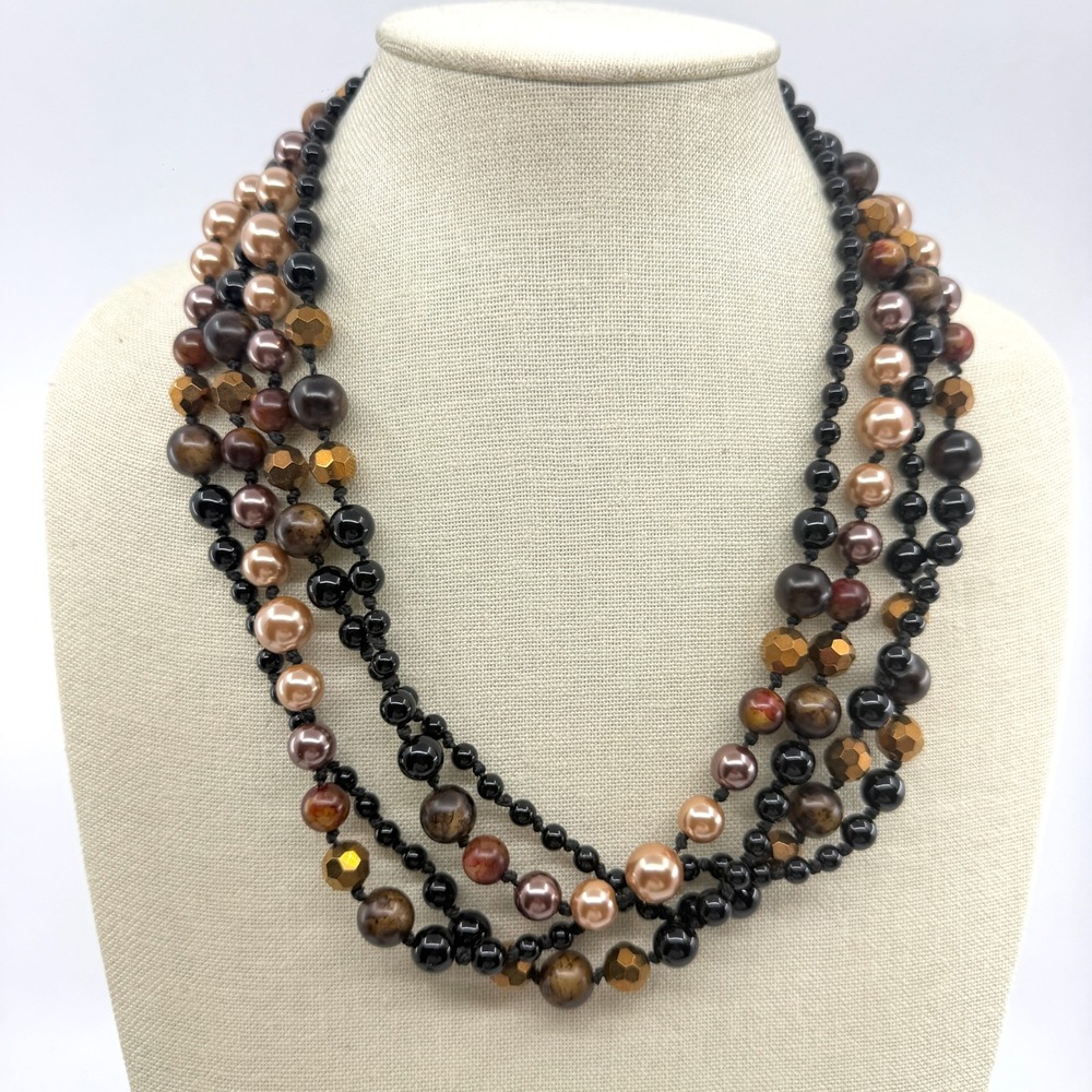 Black Champagne Faux Pearl Bronze Tone Bead Extra Long Wrap Necklace Statement